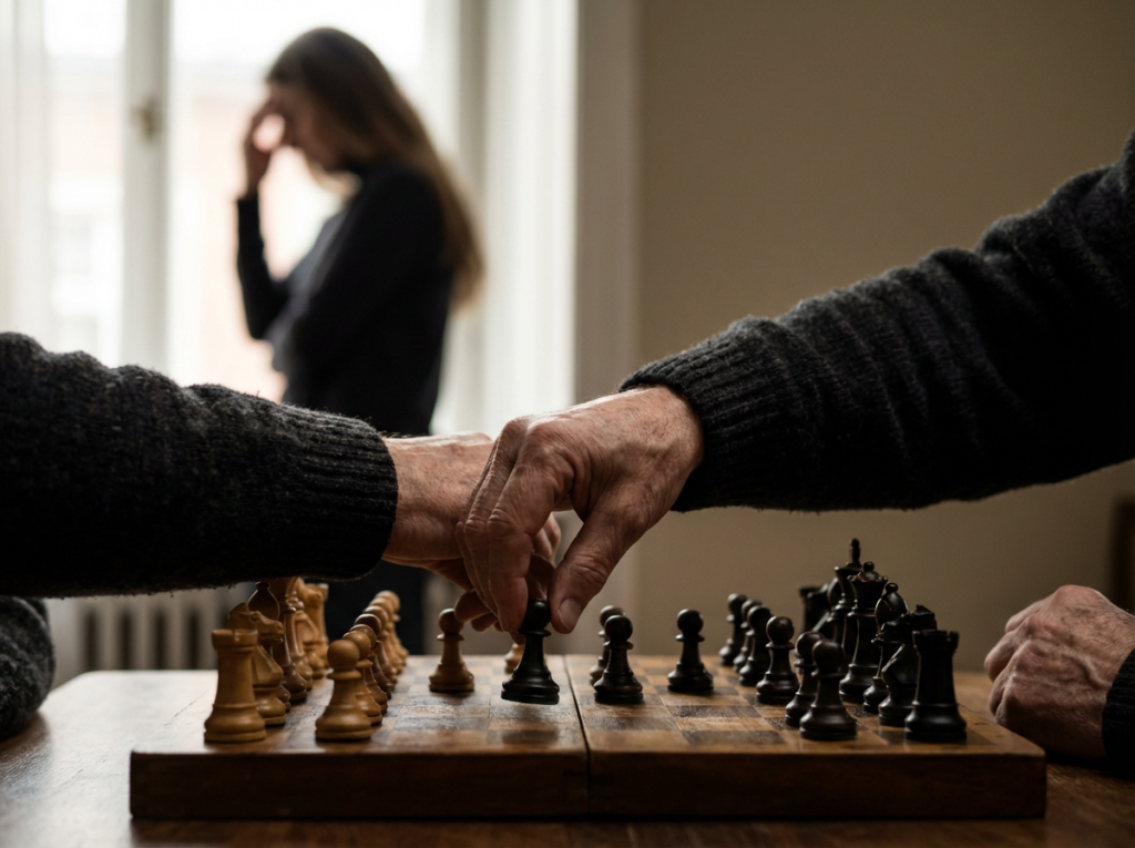 Two hands playing chess, thoughtful background.