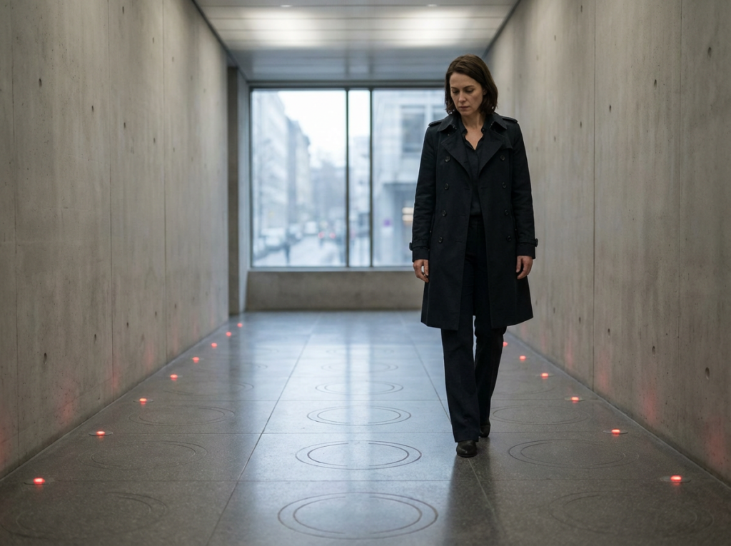 Person walking in a modern corridor.