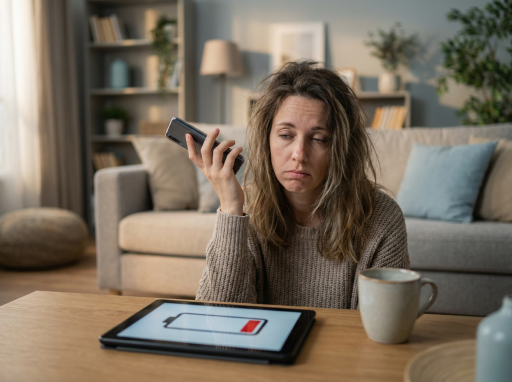 Person on phone, tablet with battery