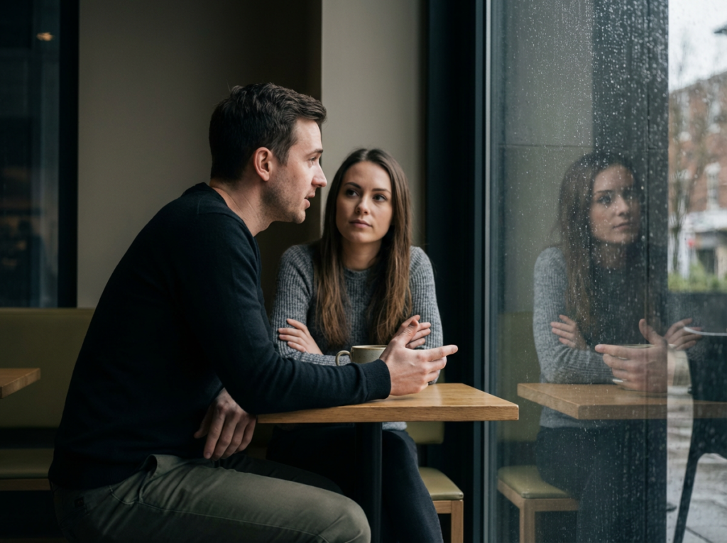 Couple talking in a cozy café.