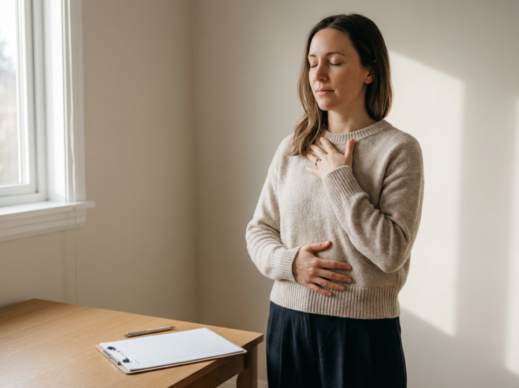 Woman standing by a window.