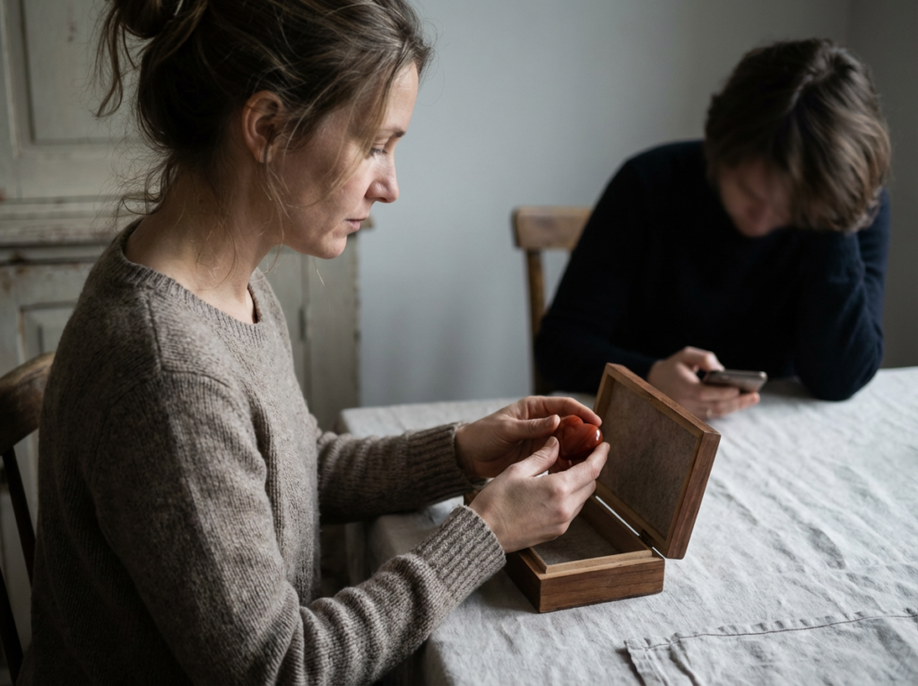 Person holding object, another using phone.