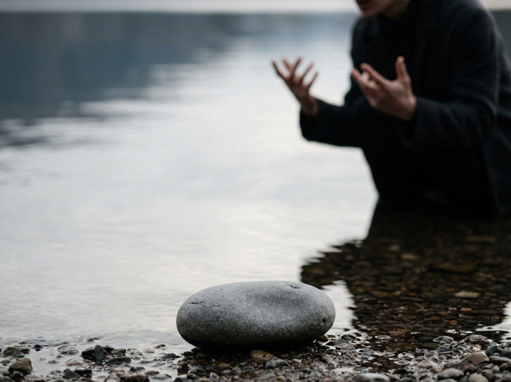 Person gesturing near a stone.