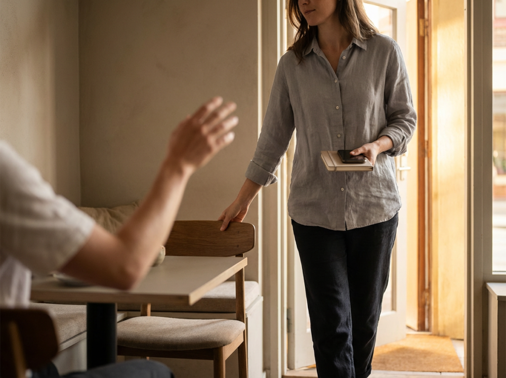 Woman walking with a notebook.
