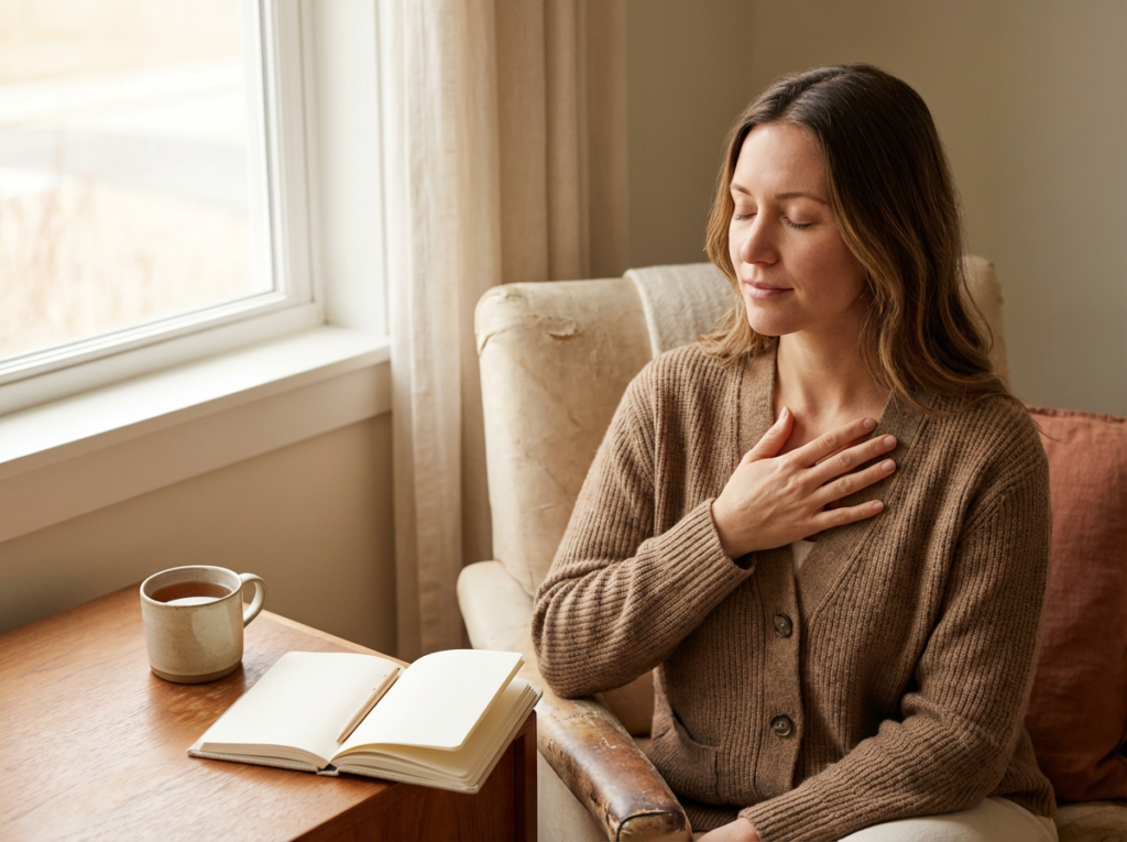 Person sitting with coffee and book.