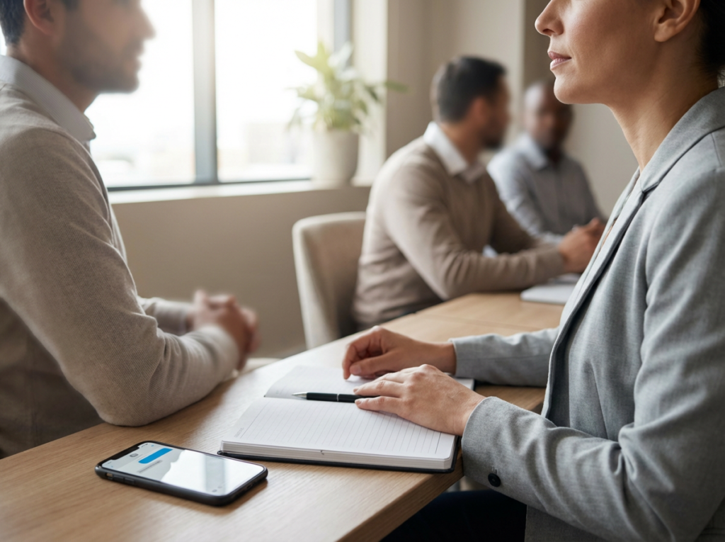 Meeting with people at a table.