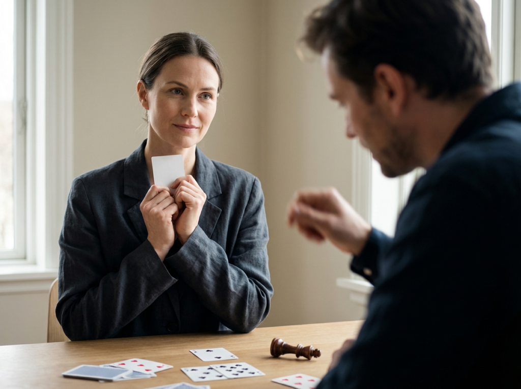 Two people playing cards at table.