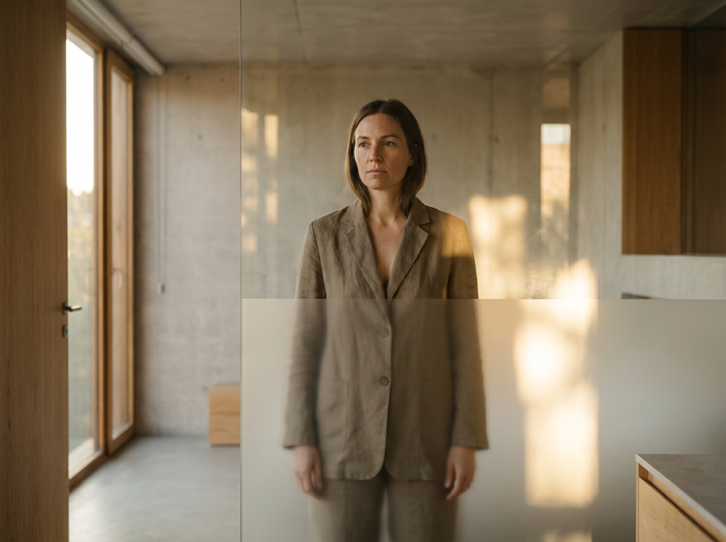 Person in modern interior setting.