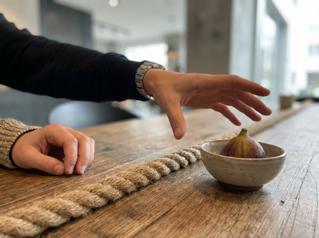 Hand reaching for a bowl of figs.
