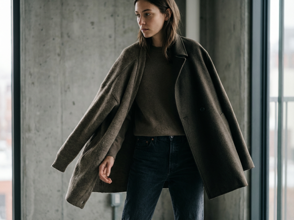 Person wearing a stylish brown coat.