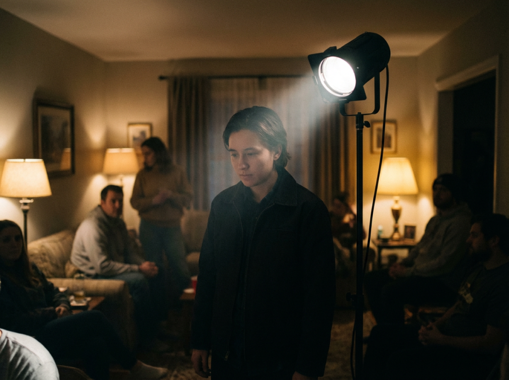 Person illuminated by spotlight in room.