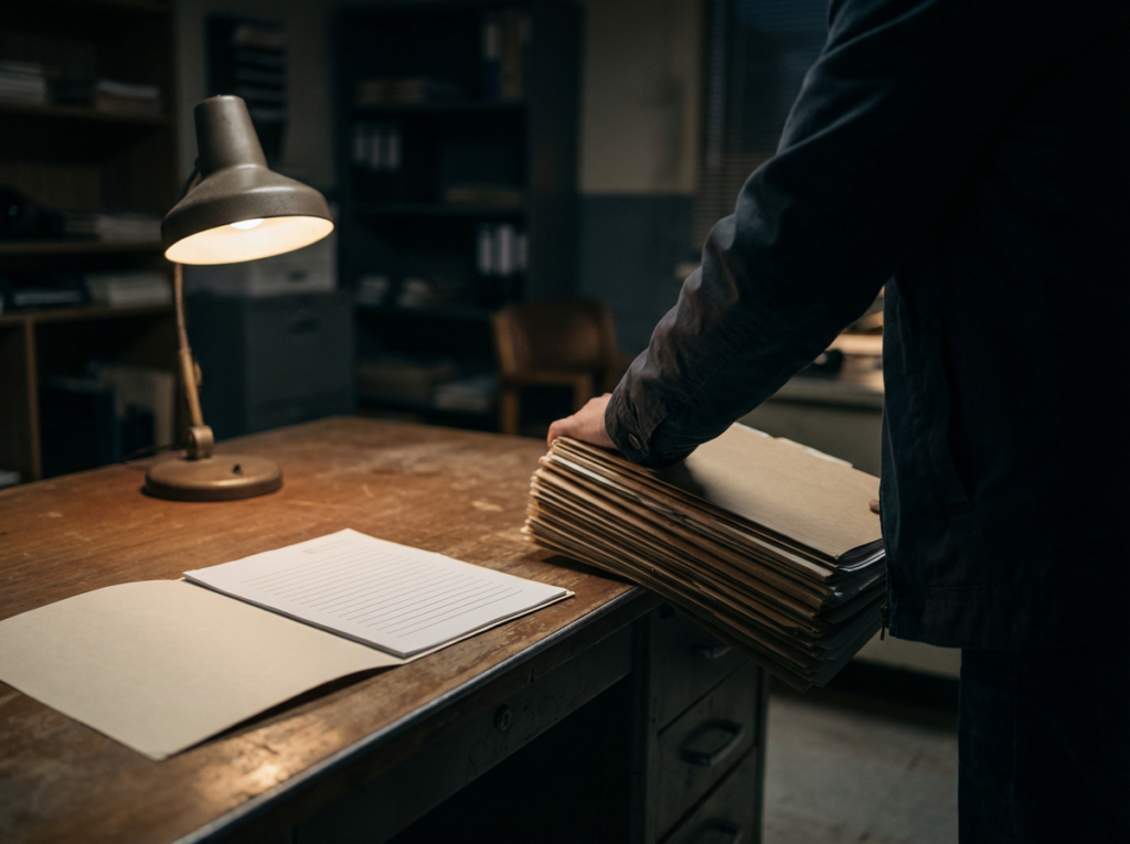 Person organizing files on desk