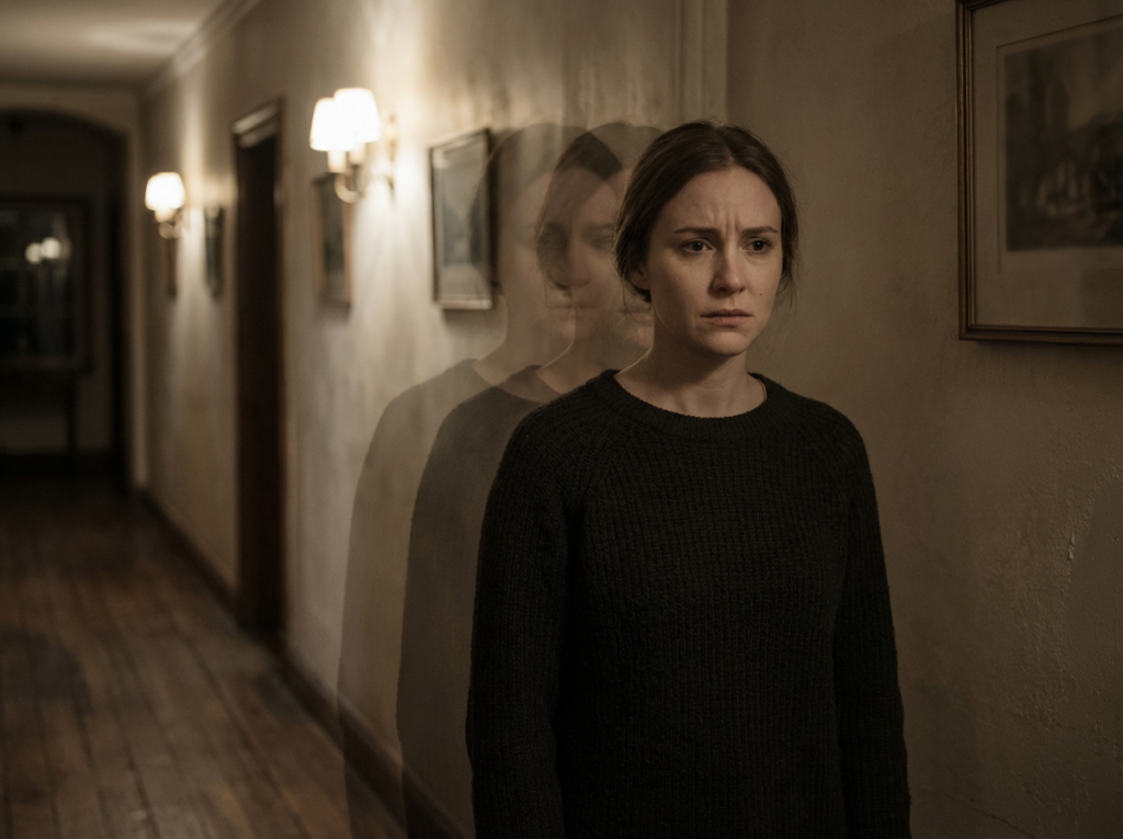 Person standing in dimly lit hallway.