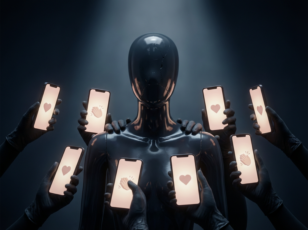 Mannequin surrounded by phones displaying hearts