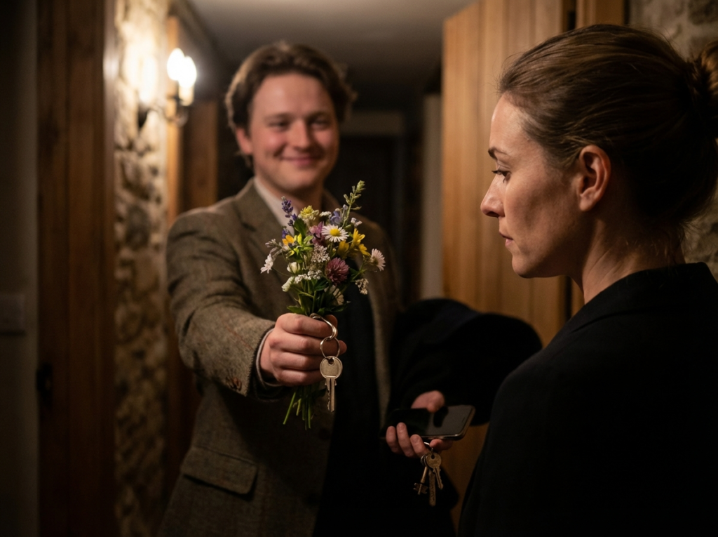 Man offering flowers and keys.