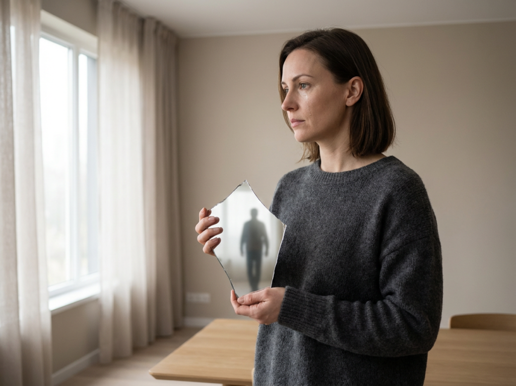 Person holding a broken mirror.