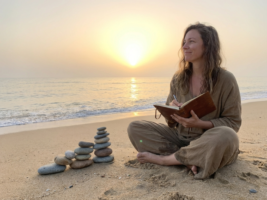 Person writing on beach at sunset.