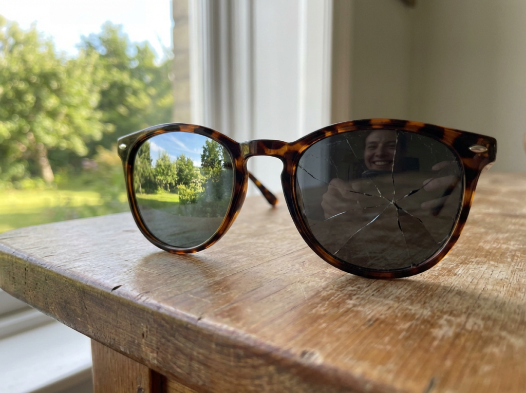 Sunglasses with cracked lens on table.