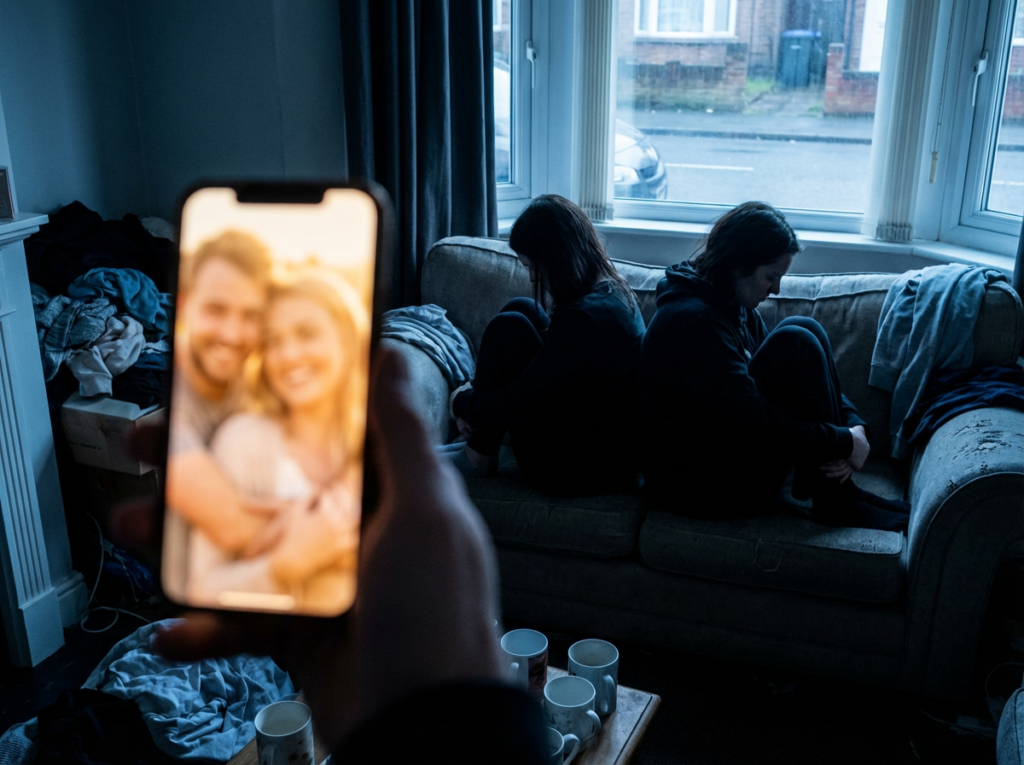 Person holding phone, two people sitting.