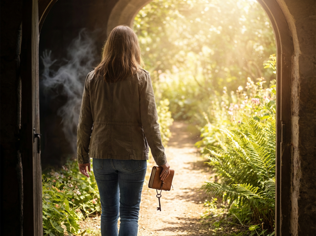 Person walking through a sunlit archway