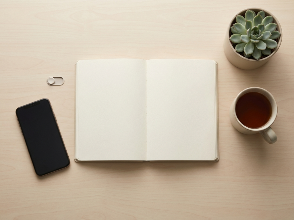 Desk with notebook, phone, plant, tea