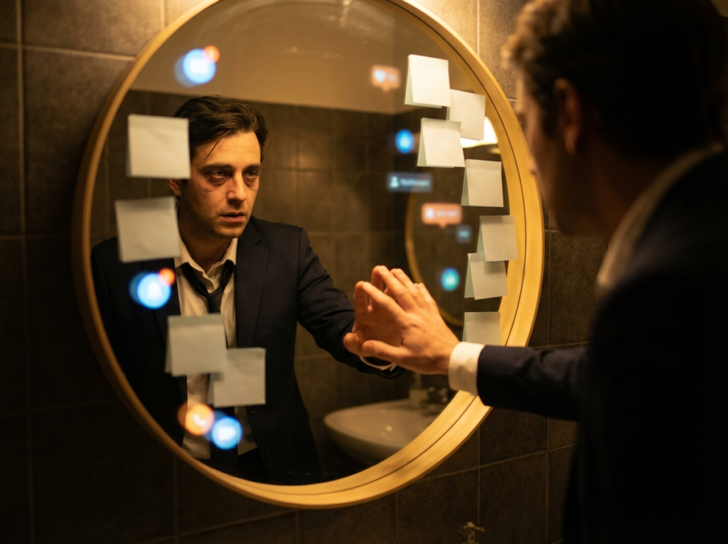Man in suit looking at reflection.