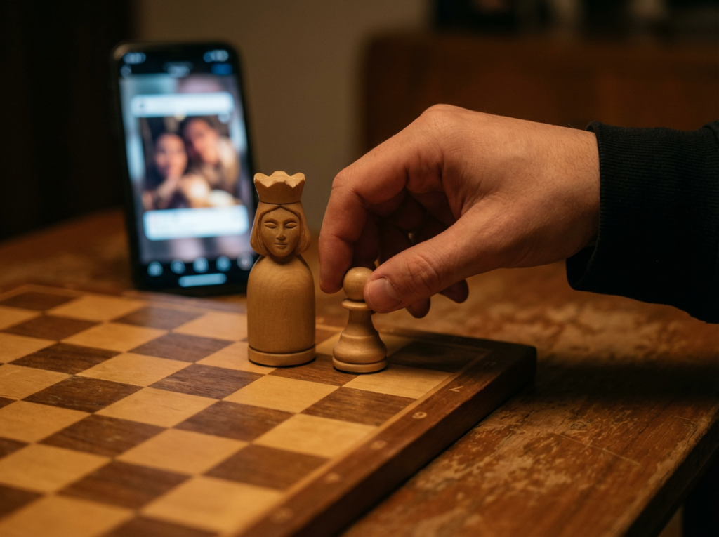 Hand moving chess piece on board.