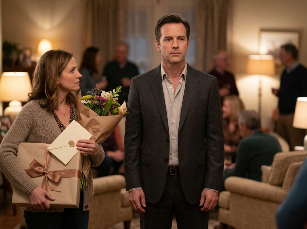 Indoor gathering with gifts and flowers.