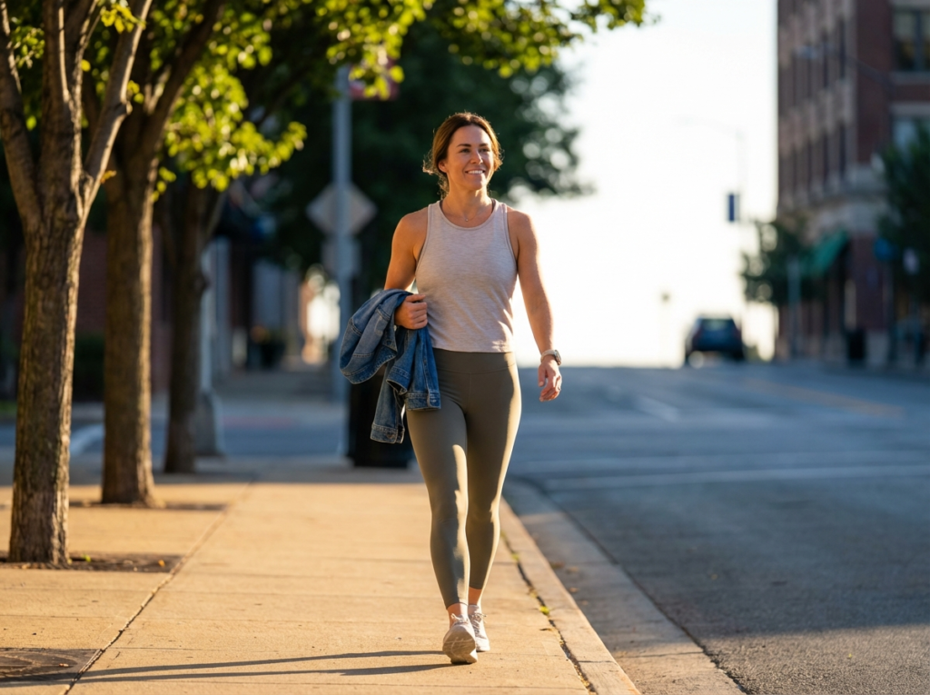 Person walking on a sunny street.