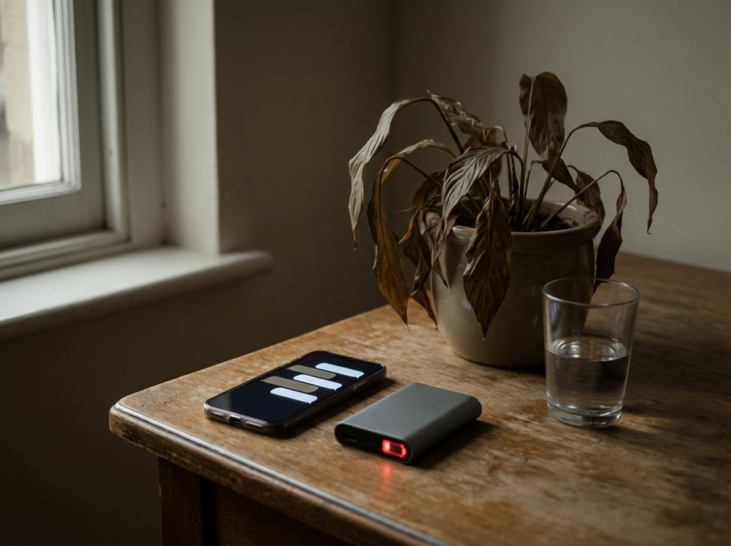 Phone, power bank, plant, water glass