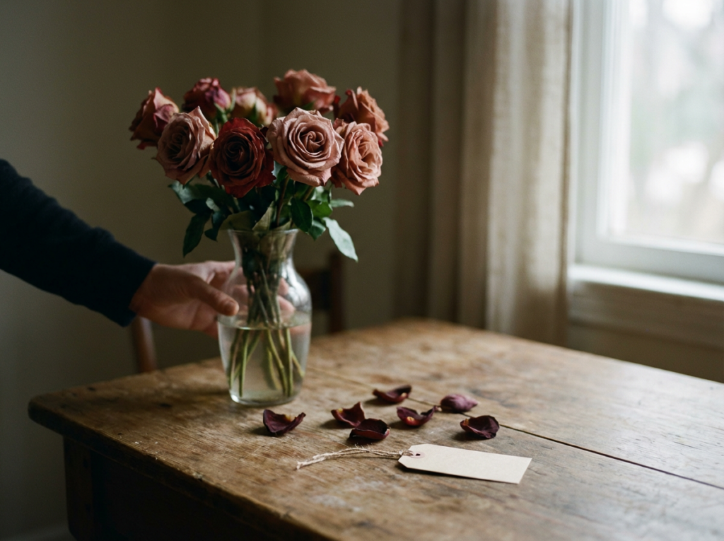 Vase of roses on wooden table