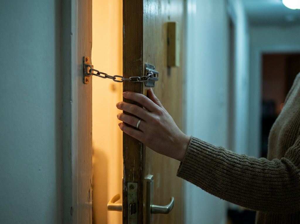 Hand opening a chained door.