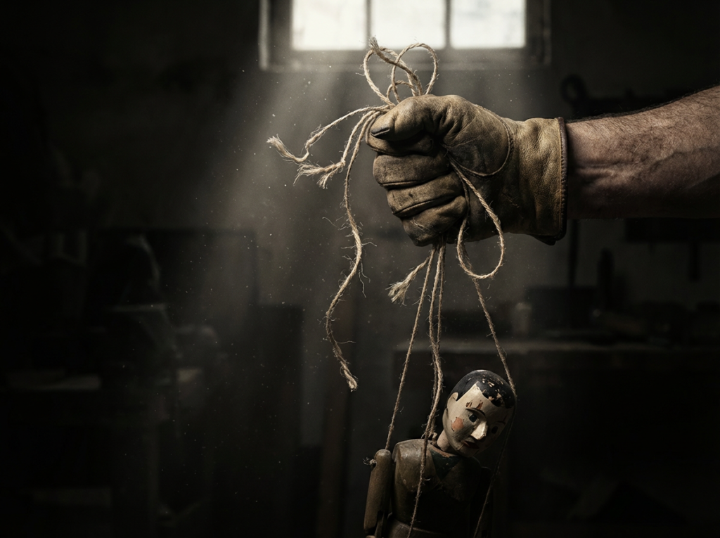 Hand holding strings in dim light.