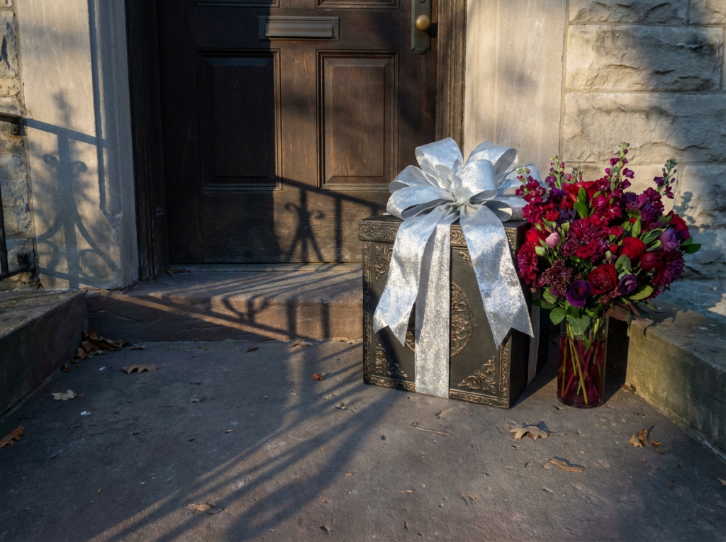 Gift box and flowers at door