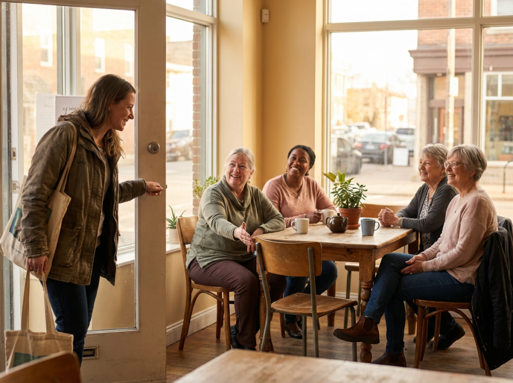 Group of friends chatting in café.