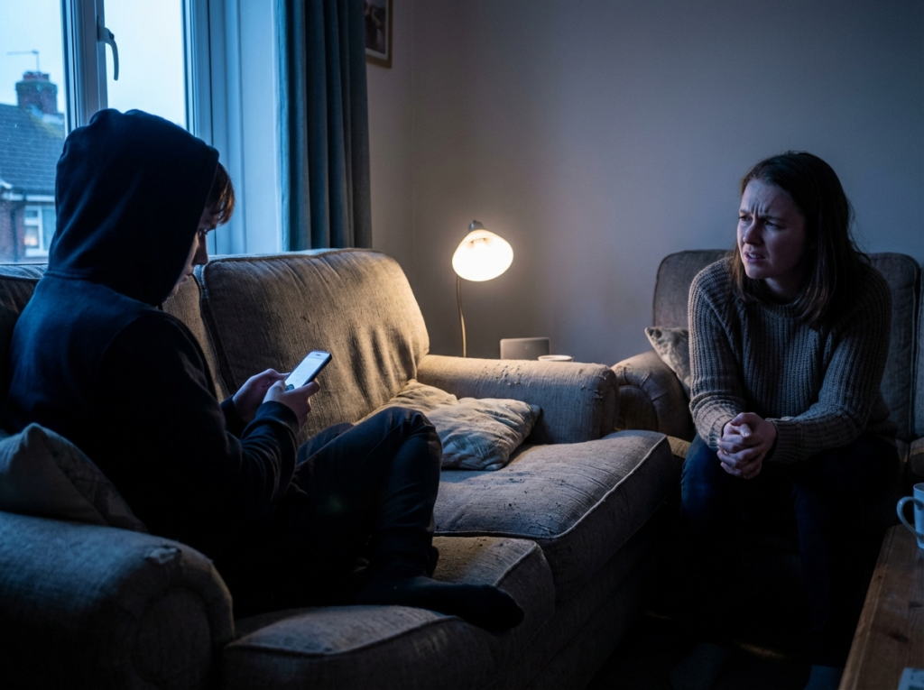 Two people in a cozy living room.