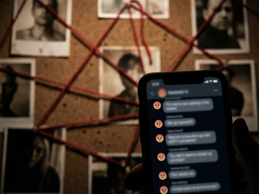 Phone displaying angry text messages.