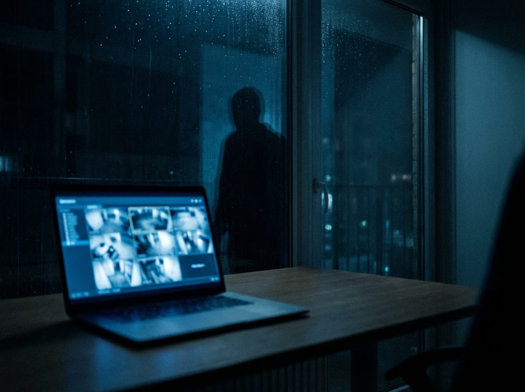 Laptop displaying surveillance footage indoors