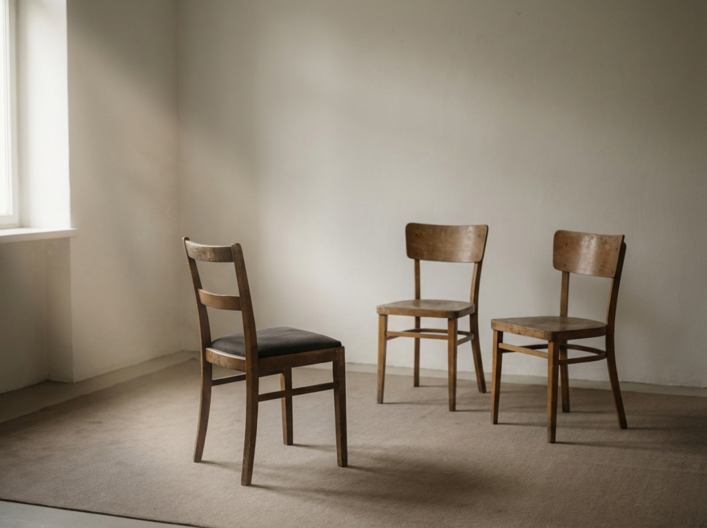 Three wooden chairs in empty room
