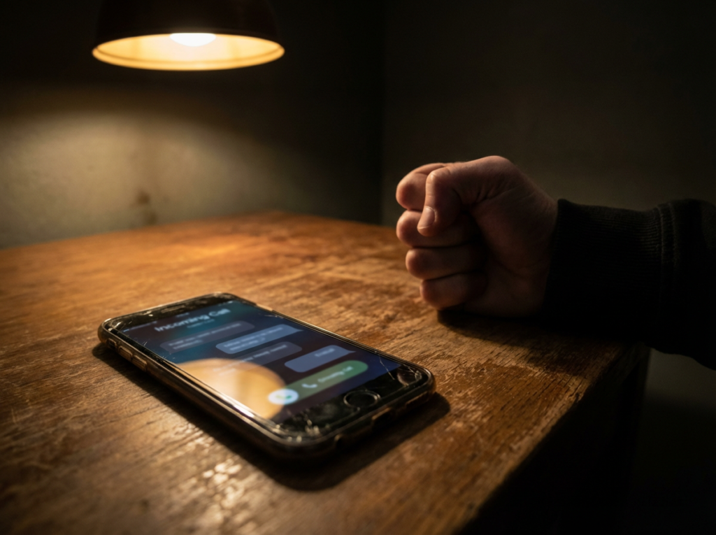 Hand near phone on wooden table