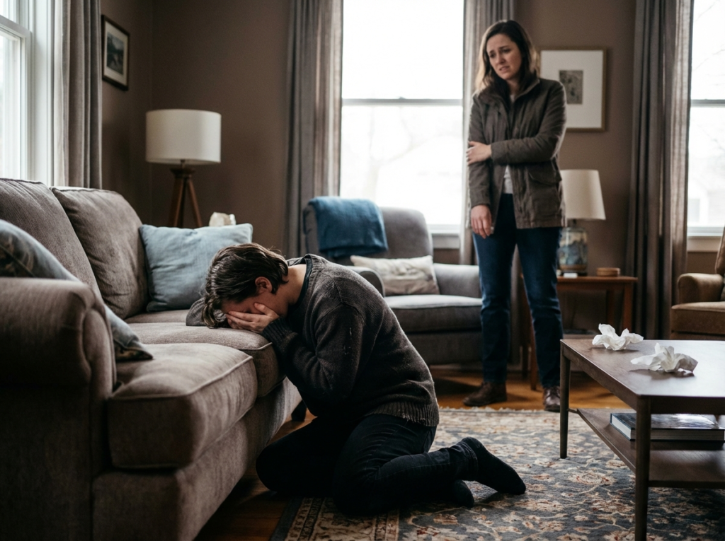 Emotional moment in a living room.