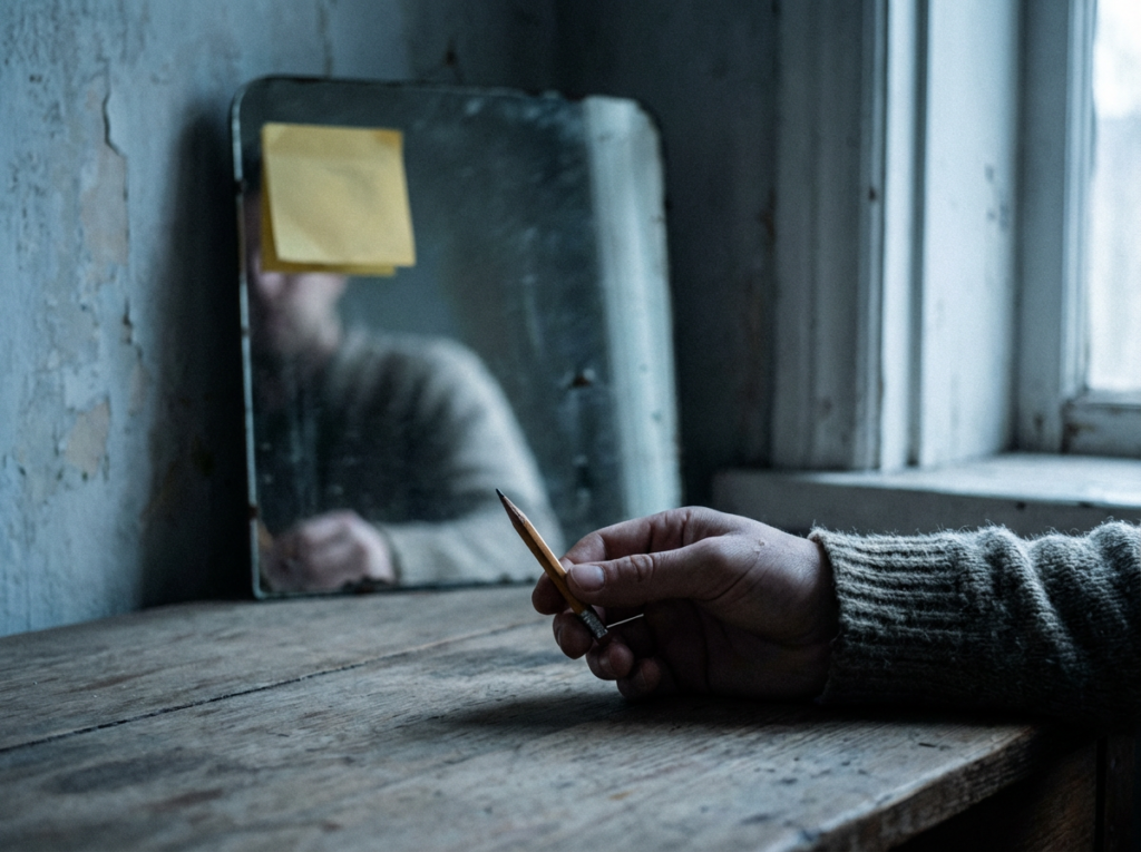 Hand holding pencil near mirror