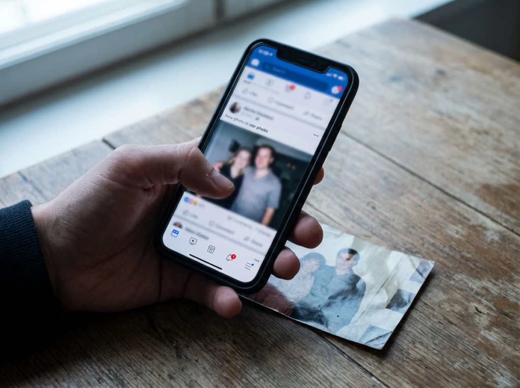 Hand holding phone with social media