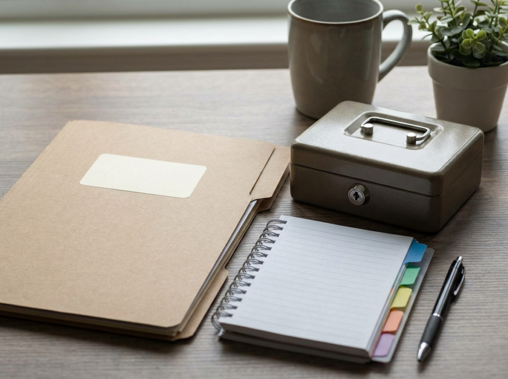 Office supplies on a wooden desk