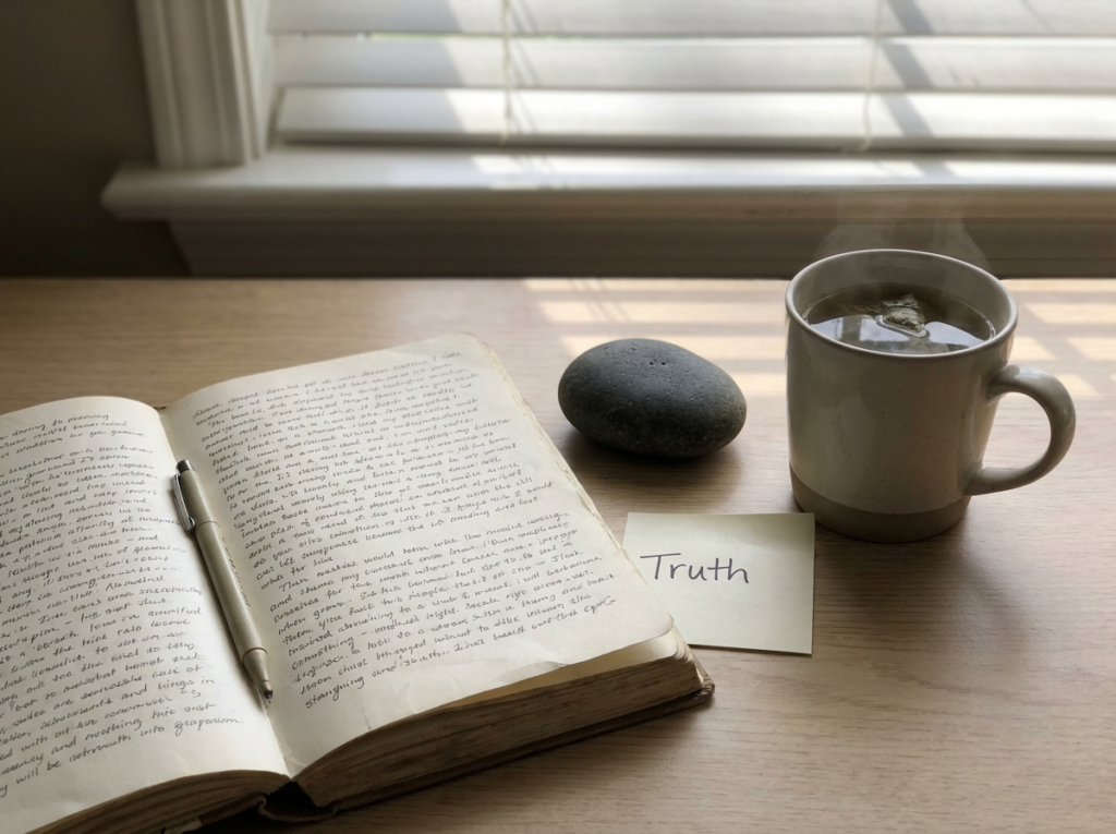 Notebook, stone, cup, and note.