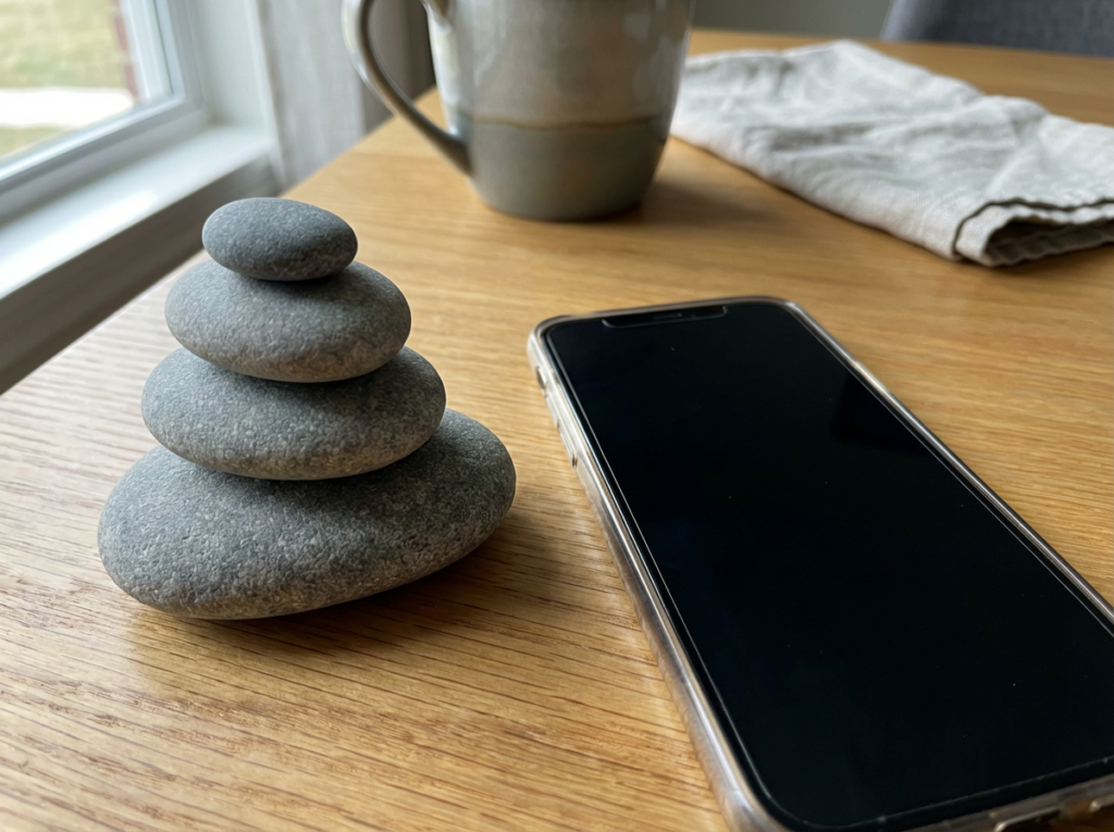 Stacked stones beside a smartphone.