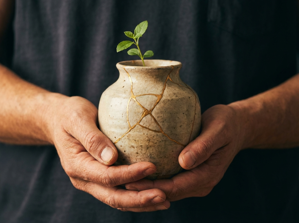 Hands holding a pot with plant.