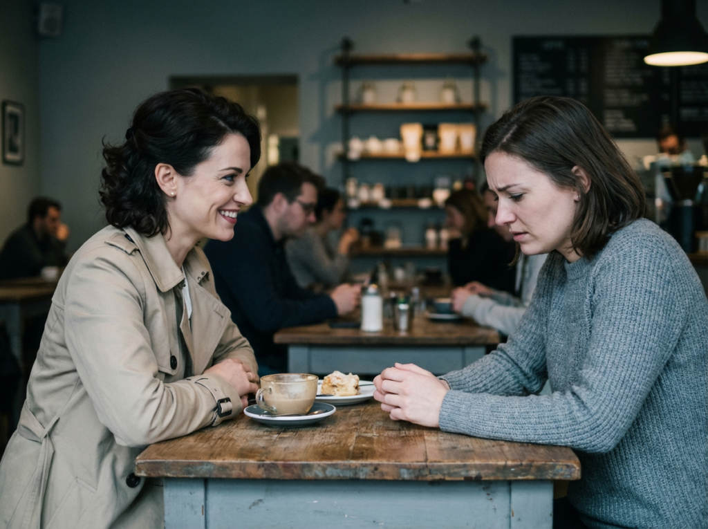 Two people conversing in a café.