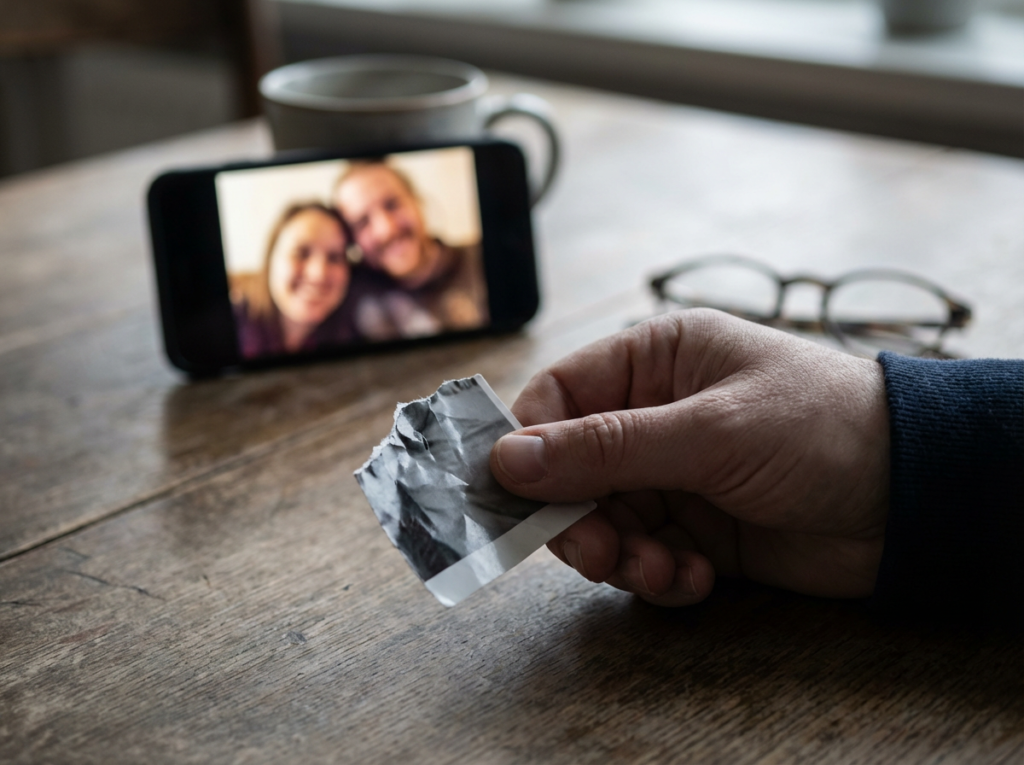Hand holding crumpled paper, phone visible.