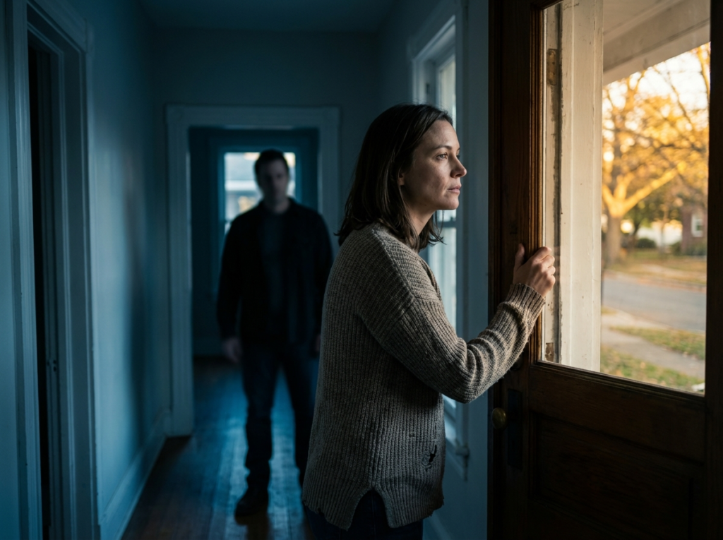 Person opening door in hallway.